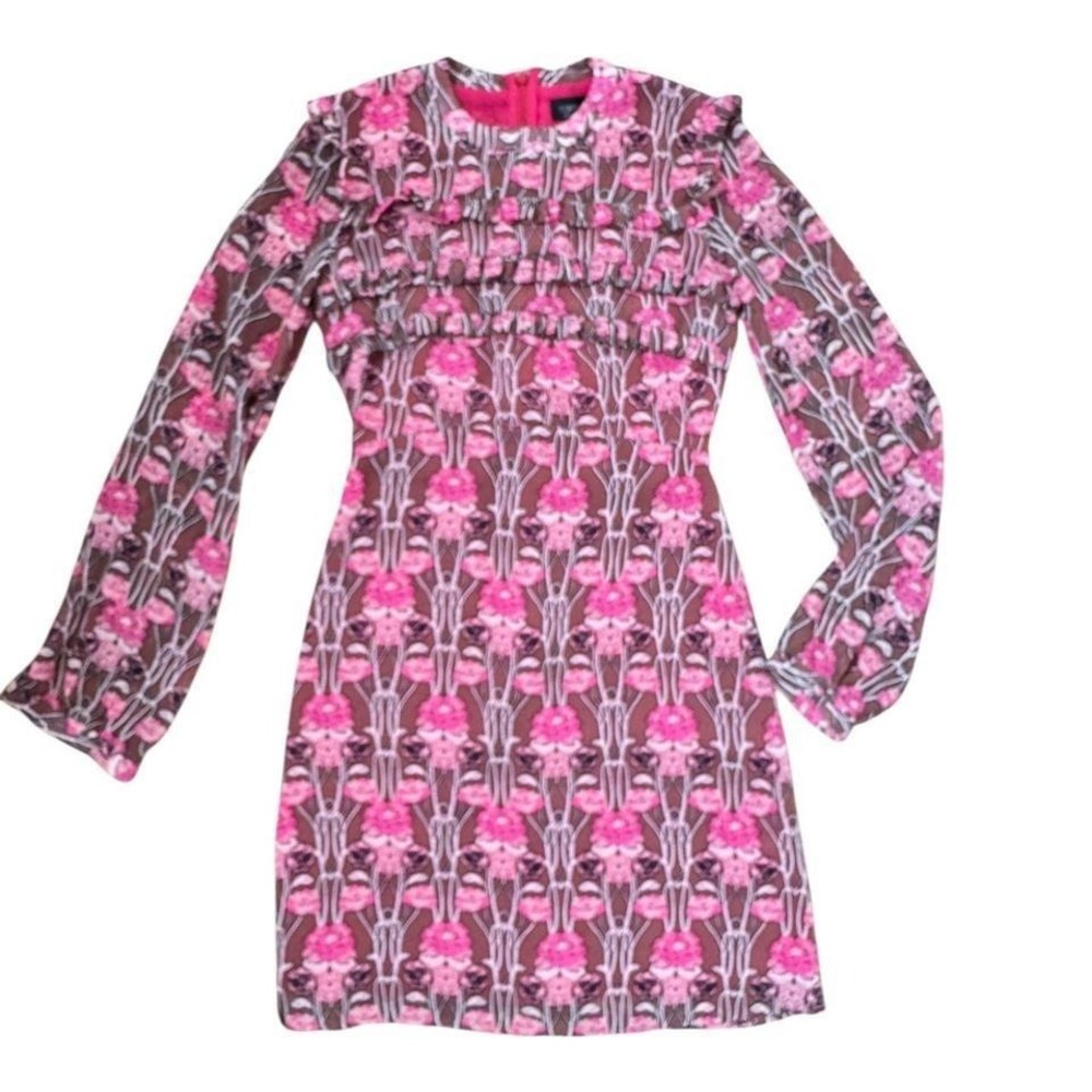 Topshop Womens Pink Floral Art Nouveau Ruffle Long Sleeve Mini Dress Size 2 Mod